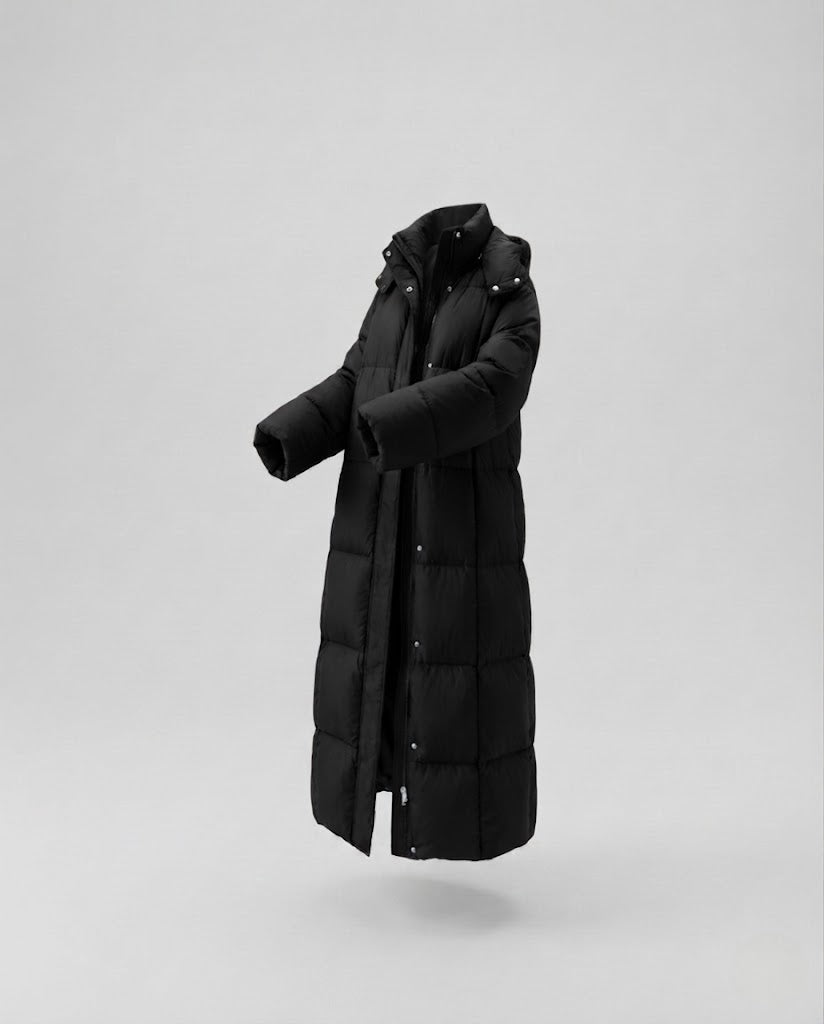 Women's ultra-lightweight midi quilted coat with extended back, innovative climate insulation, and windproof outer shell