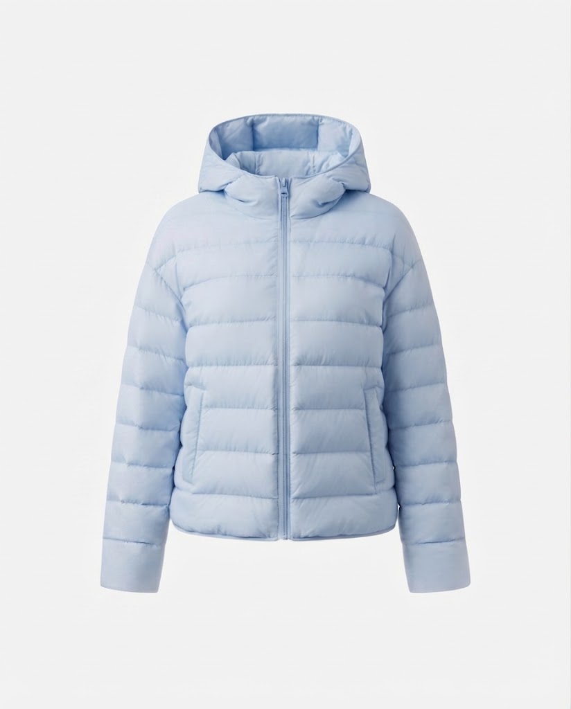 Women nan minimalist short thermo quilted jacket with ergonomic hood, tailored seam design and windproof outer shell