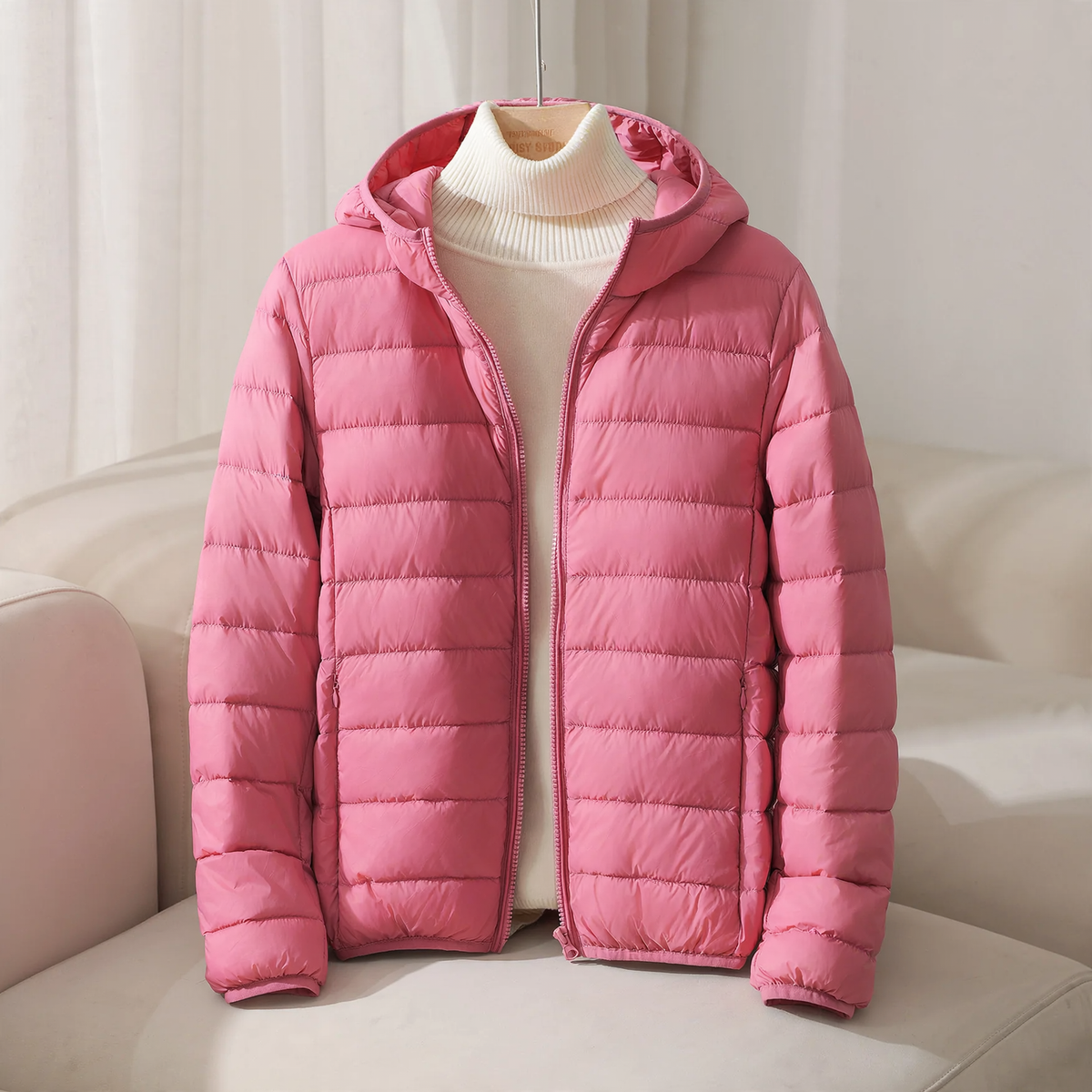 Light women's down jacket, short, with hood