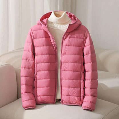 Light women's down jacket, short, with hood