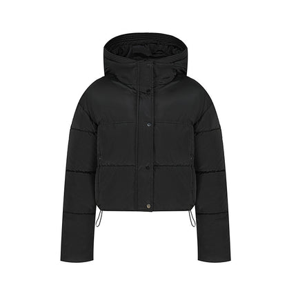 Short quilted jacket for women with stand-up collar and button placket