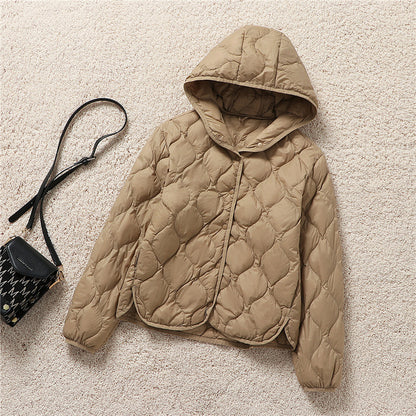 Light women's down jacket, short, with hood
