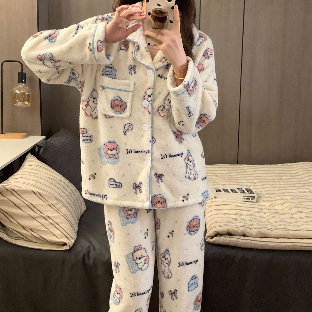 Women's flannel pajama set, lined, winter loungewear