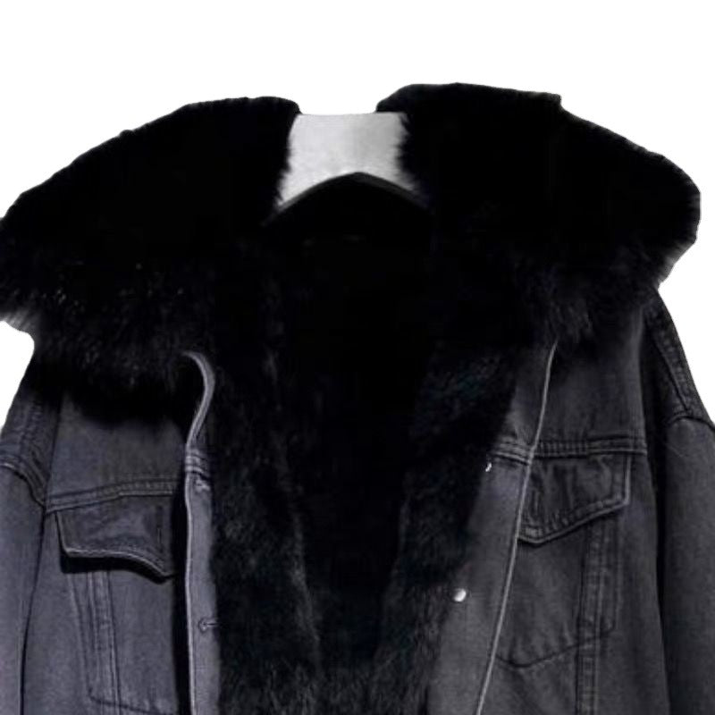 Padded denim jacket for women, short, with faux fur collar