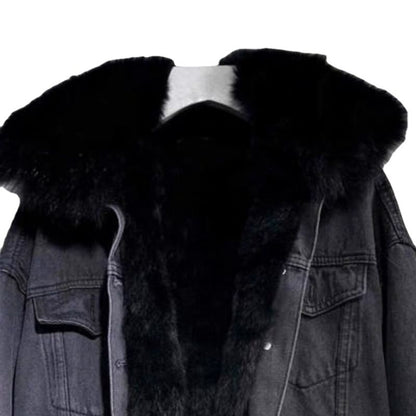 Padded denim jacket for women, short, with faux fur collar