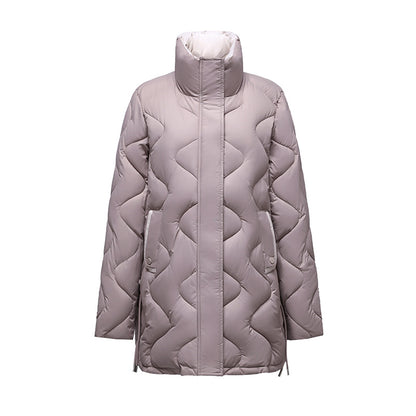 Long women's winter coat with stand-up collar