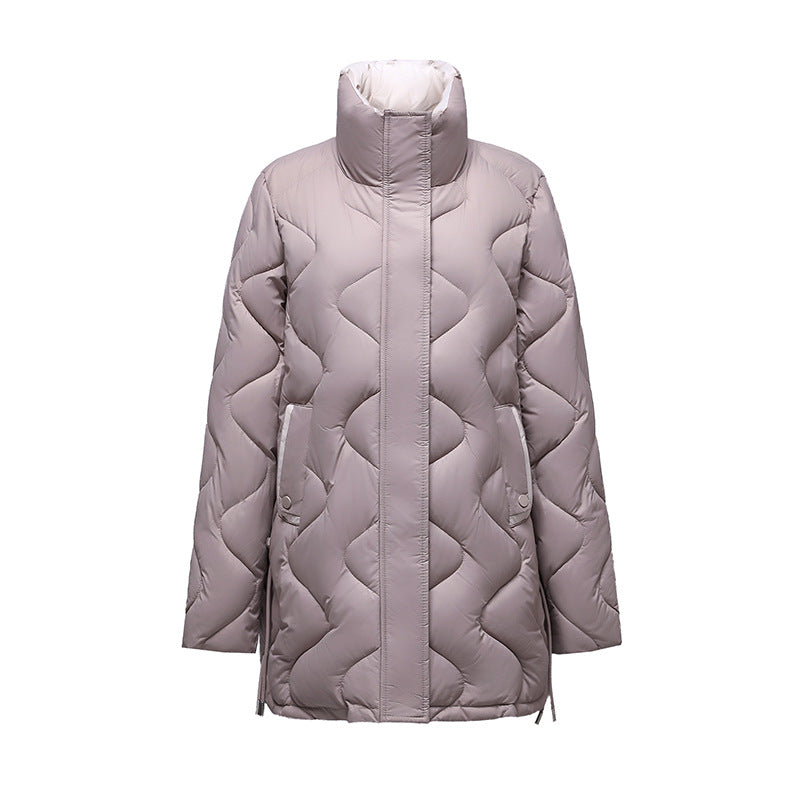 Long women's winter jacket with stand-up collar