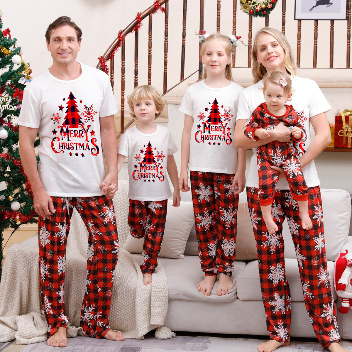 Christmas Family Pajama Set with Check Pattern