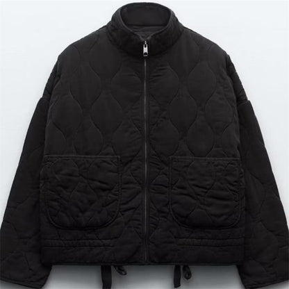 Women's quilted jacket with standing collar and tie belt