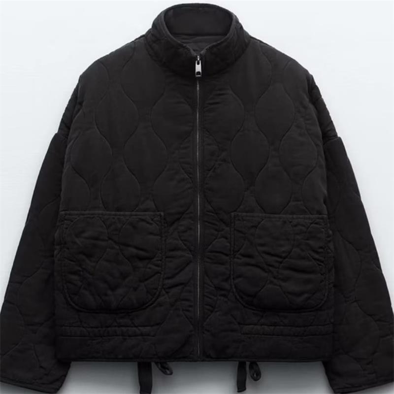 Women’s quilted jacket with stand-up collar and tie belt