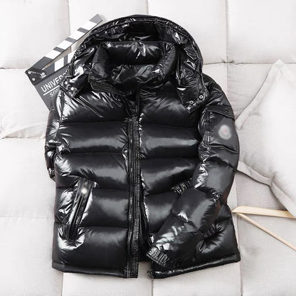 Short men's down jacket, hood, white duck down