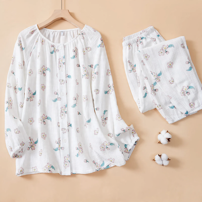 Women's pajama set made of cotton muslin, long-sleeved, breathable