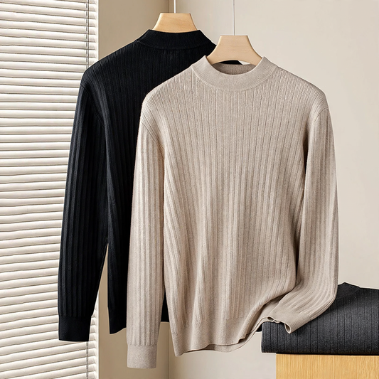 Men's knit sweater made of wool and lyocell, stand-up collar