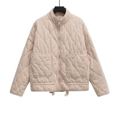 Women's quilted jacket with standing collar and tie belt