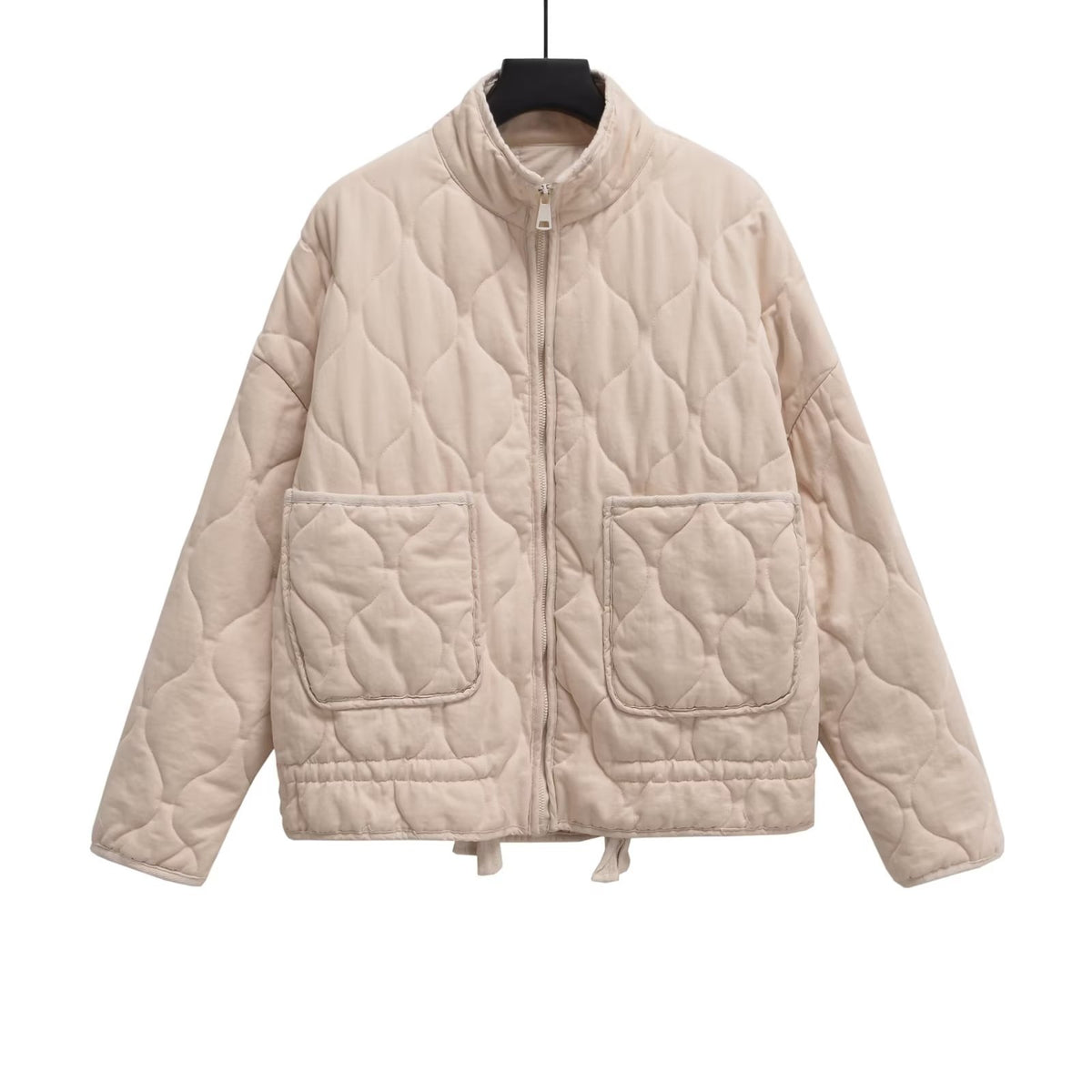 Women’s quilted jacket with stand-up collar and tie belt