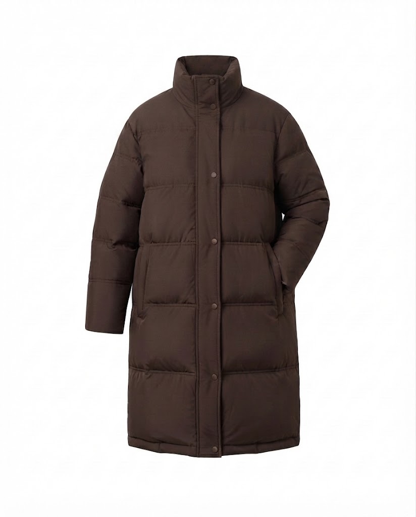 Ladies long-cut quilted thermal coat with hood, two-way zipper and side zip vents