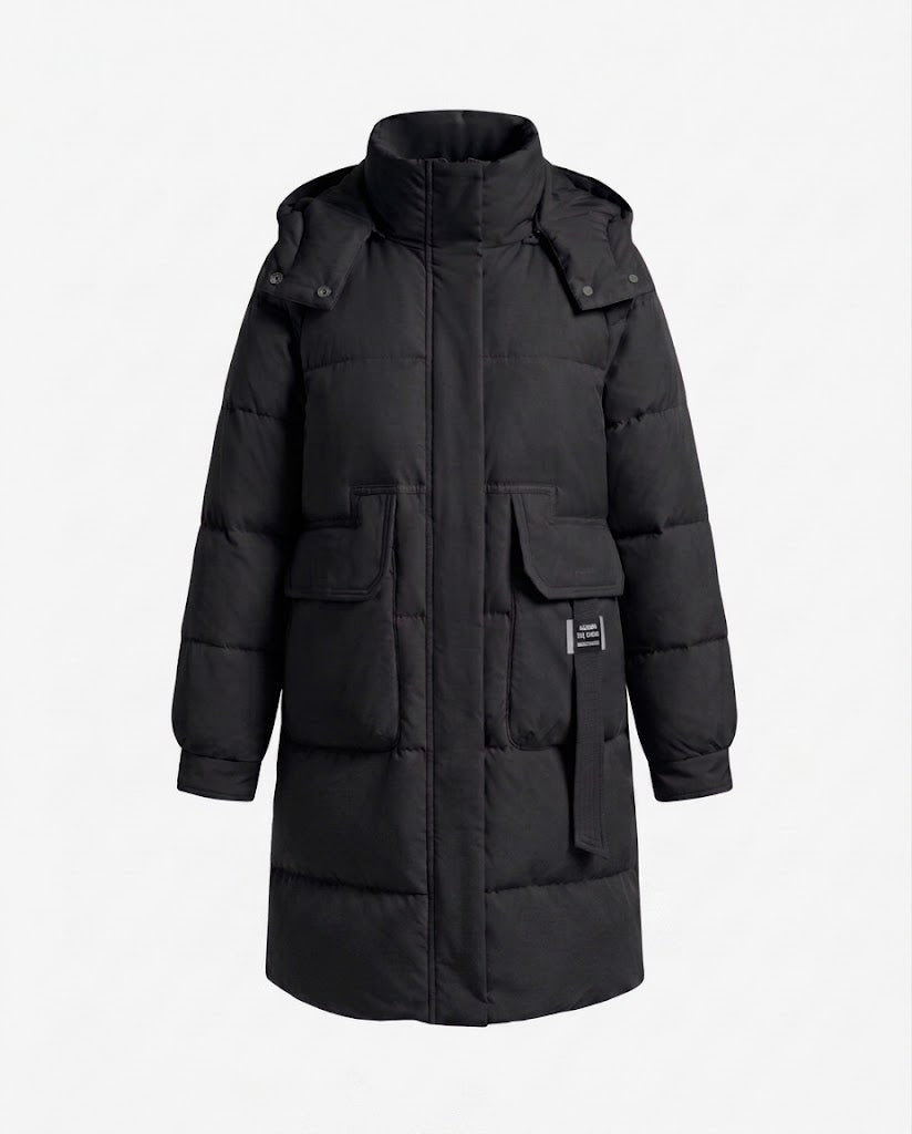 Women's longer padded quilted coat with high stand-up collar, concealed front placket and large patch pockets.