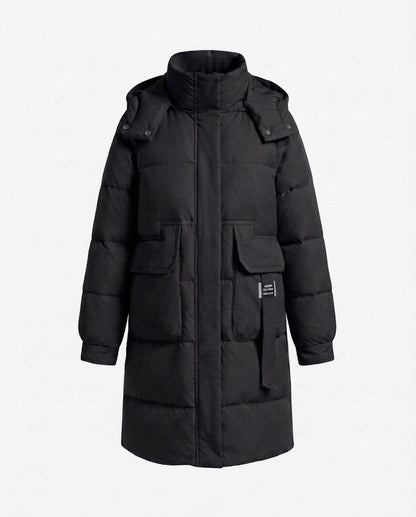 Women's longer padded quilted coat with high stand-up collar, concealed front placket and large patch pockets.