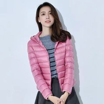 Women's padded jacket, short, fitted, with hood