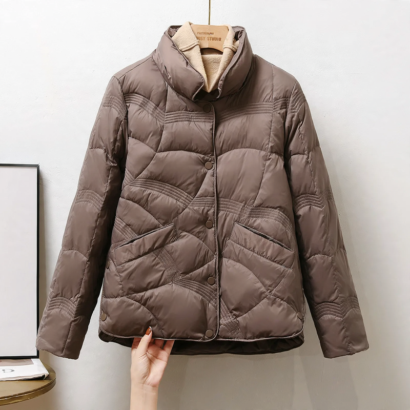Short women's down jacket with standing collar