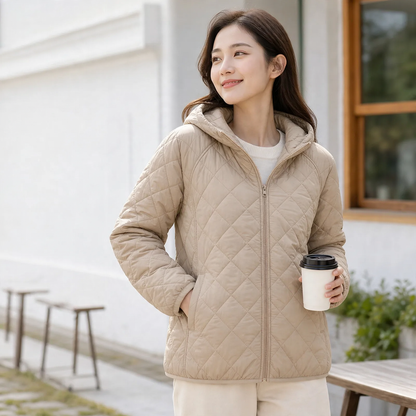 Light women's padded jacket with hood, loosely cut