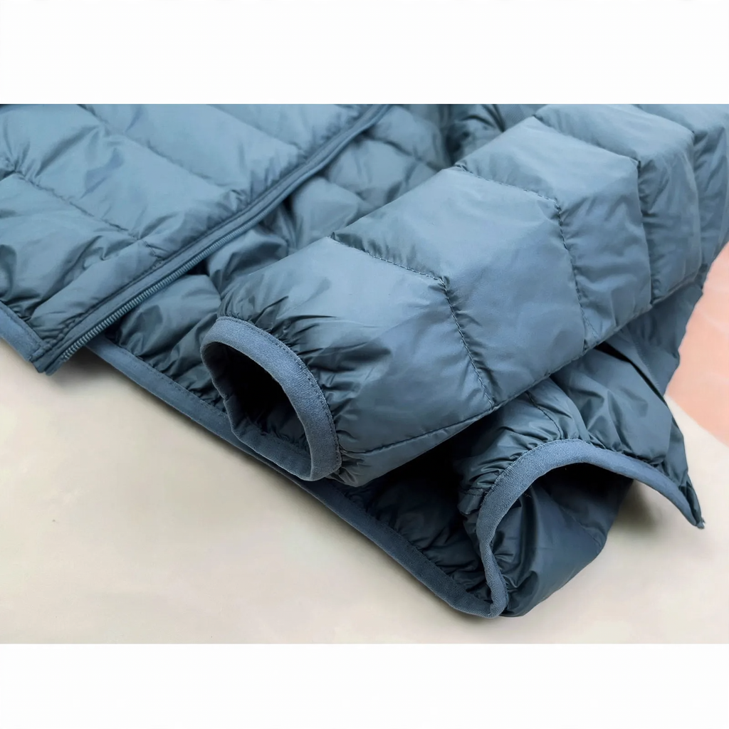 Short, lightweight down jacket with stand-up collar, 90% white duck down