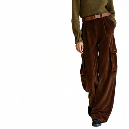 Versatile corduroy cargo pants with high waistband