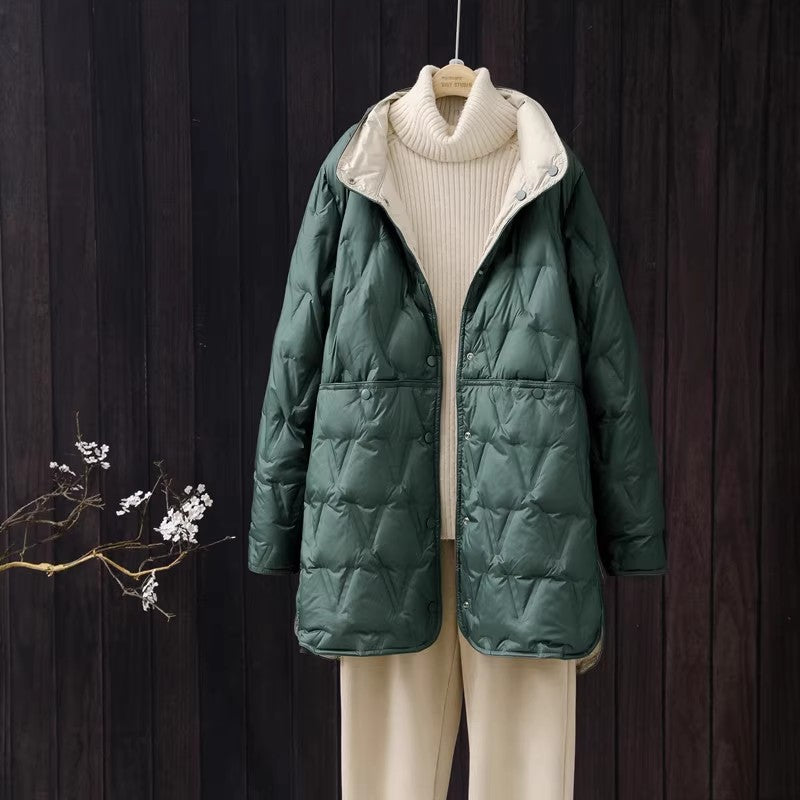 Women's down jacket, reversible, lightweight, mid-length