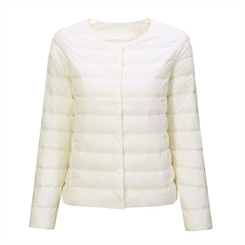 Light women's down jacket, collarless, short
