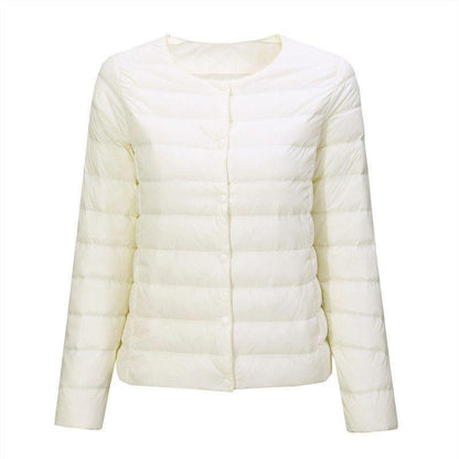 Light women's down jacket, collarless, short