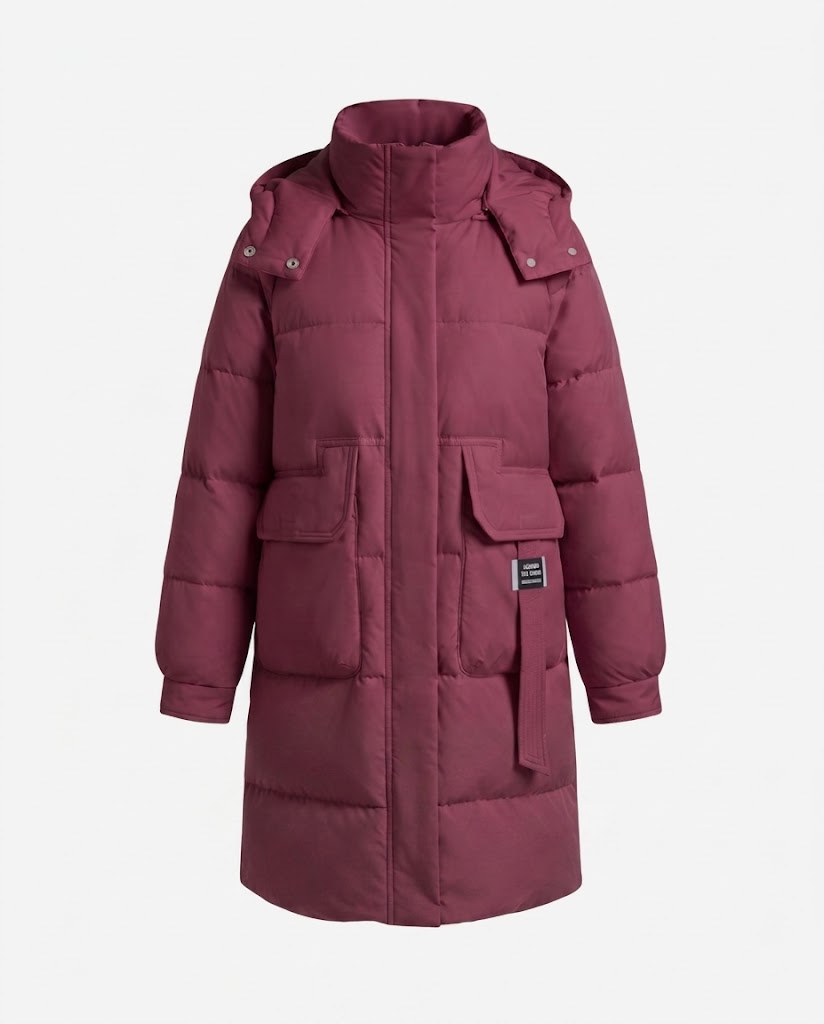 Women's longer padded quilted coat with high stand-up collar, concealed front placket and large patch pockets.