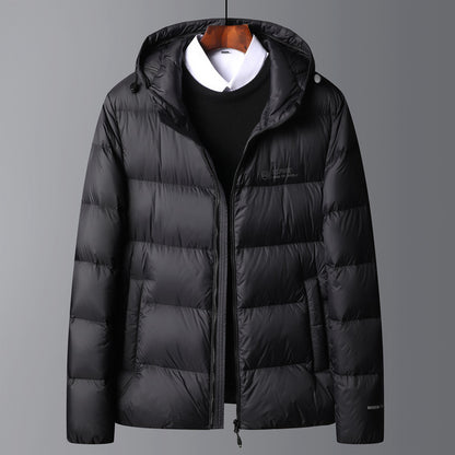 Warm men's down jacket with hood