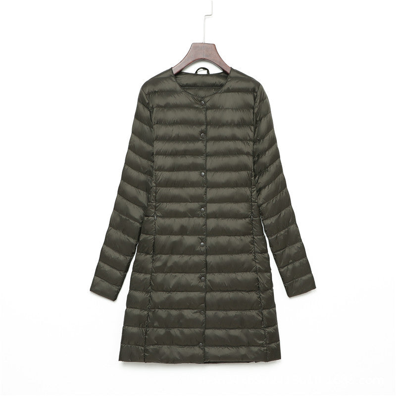 Light women's down jacket, mid-length, with button placket