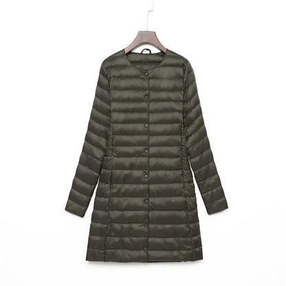 Light women's down jacket, mid-length, with button placket