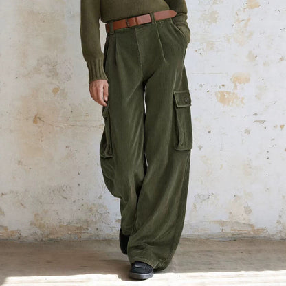 Versatile corduroy cargo pants with high waistband