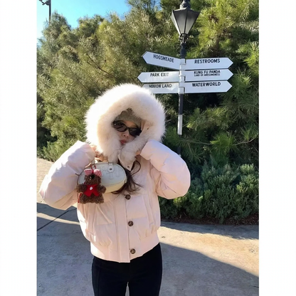 Short women's winter jacket with large collar