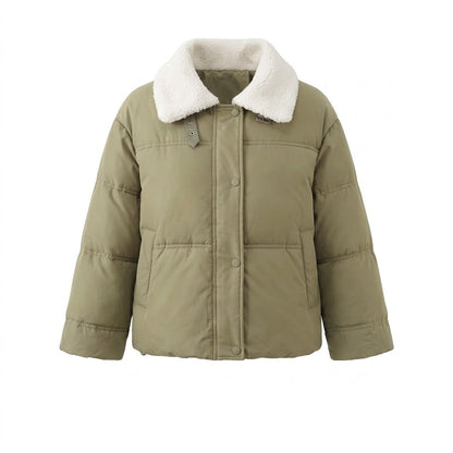 Women's short padded puffer with teddy collar, concealed snap button placket and travel insulation