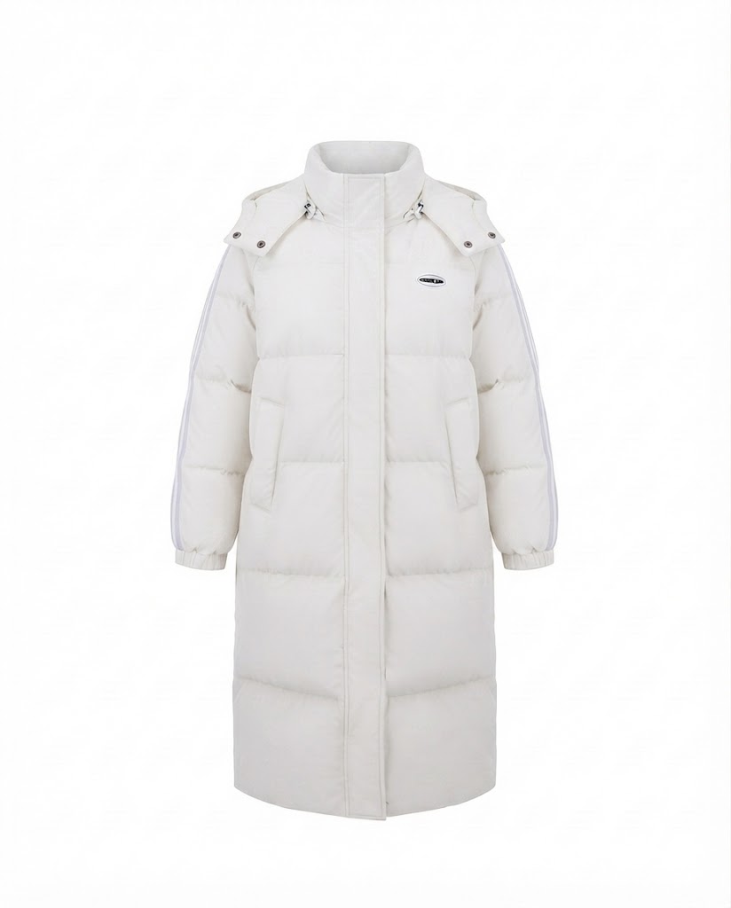 Women's nan longer quilted thermal coat with high stand-up collar, sports stripes, and integrated chest pocket