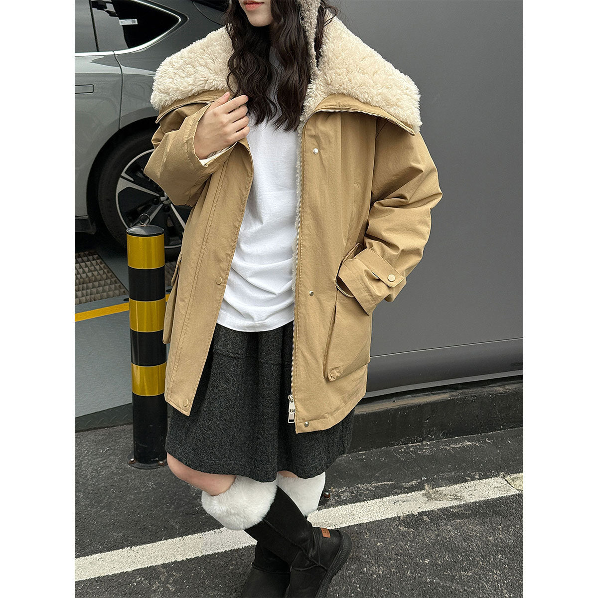 Parka-down jacket with lamb fleece lining