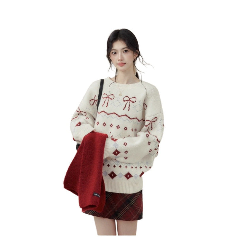 Fair-Isle-Christmas-sweater with snowflakes and bows