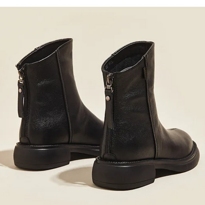 Women's leather ankle boots with back zipper and low heel