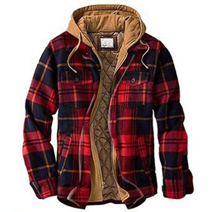 Men's shirt jacket, padded, checkered, with hood