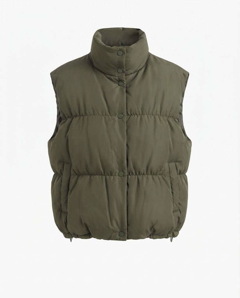 Ladies' puffy insulation vest with square construction and high stand-up collar