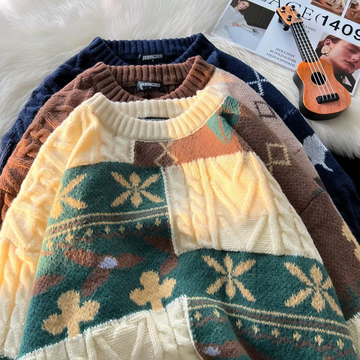 Retro knitted sweater for couples, Christmas cable pattern