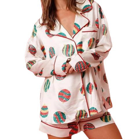 Satin house suit with Christmas motif, two-piece