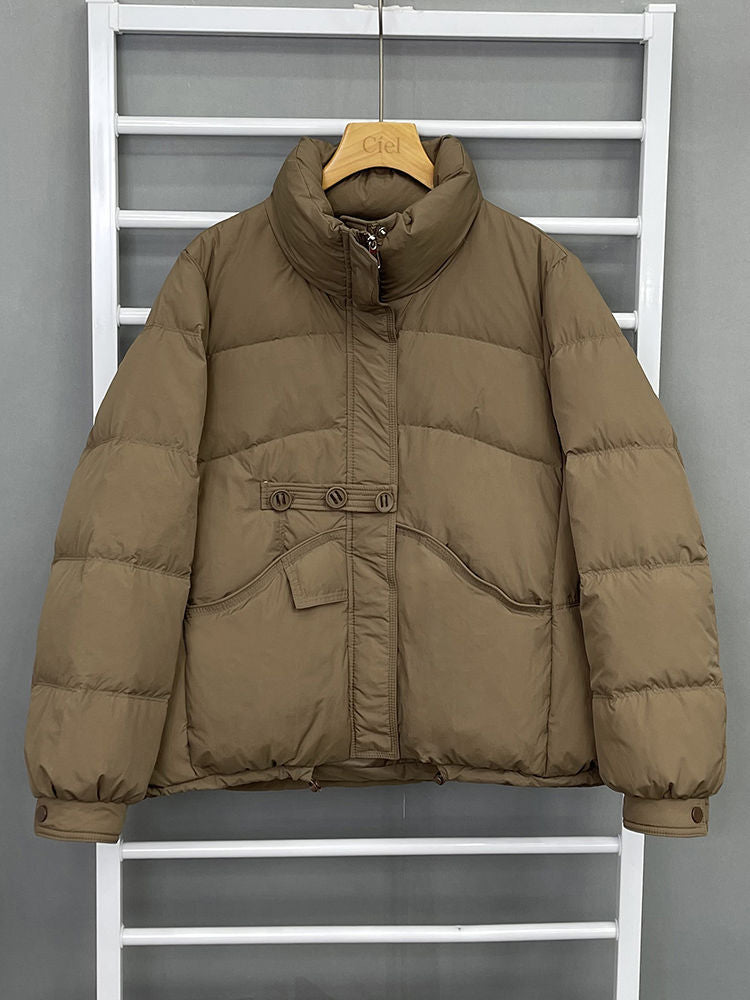 Short women's down jacket, stand-up collar, white duck down