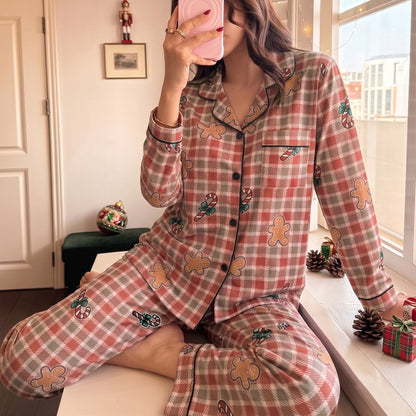 Women's Pajama Set with Checkered Pattern and Lapel Collar