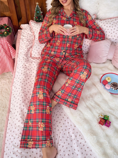 Women's Pajama Set, Long Sleeve, Checked with Cartoon Motif