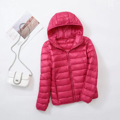 Light women's down jacket with hood, slim fit