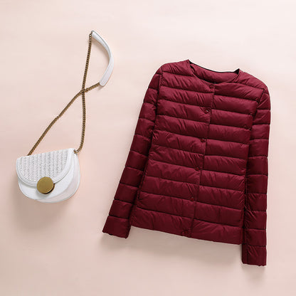 Light women's down jacket, collarless, short